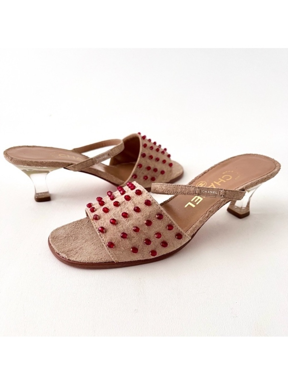 CHANEL | Vintage Y2K Tan Suede Red Embellished Mule Lucite Kitten Heel Sandal